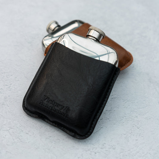 Leather Cased Hip Flask | Black Leather | 6oz Stainless Steel