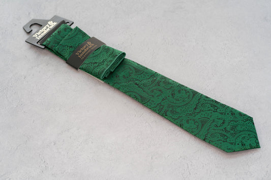 BOY'S FOREST GREEN PAISLEY TIE & POCKET SQUARE