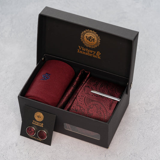 BURGUNDY RED PAISLEY TIE SET