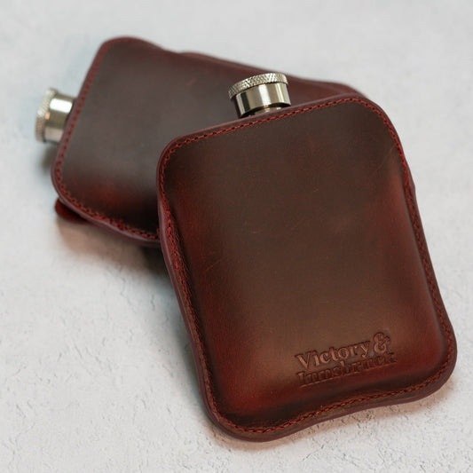 Full Grain Leather Cased Hip Flask | Full Burgundy Sleeve | Silver Flask