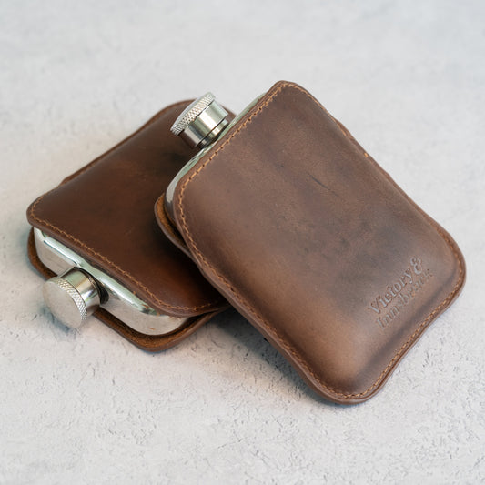 Full Grain Leather Cased Hip Flask | Full Brown Leather | Silver Flask