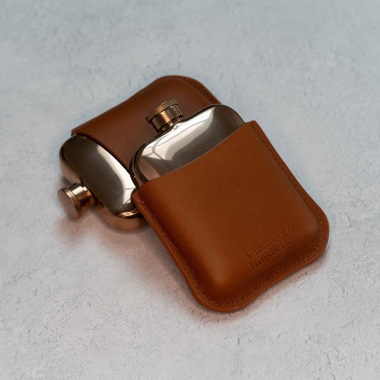 Full Grain Leather Cased Hip Flask | 3/4 Cognac Leather | Copper Flask