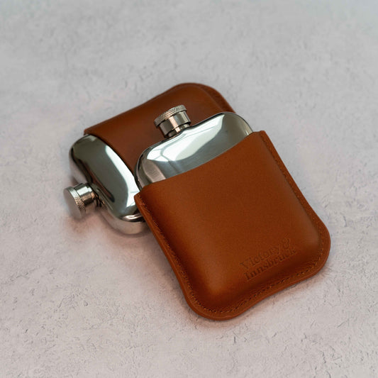 Full Grain Leather Cased Hip Flask | 3/4 Cognac Leather | Silver Flask