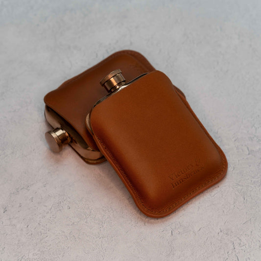 Full Grain Leather Cased Hip Flask | Full Cognac Leather | Copper Flask
