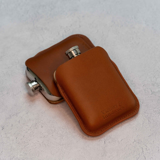 Full Grain Leather Cased Hip Flask | Full Cognac Leather | Silver Flask